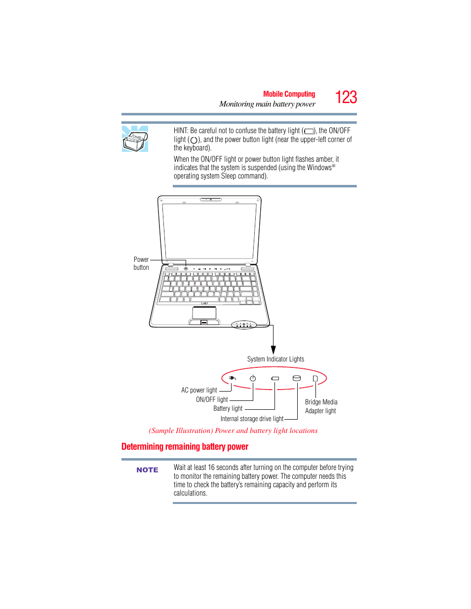 Determining remaining battery power | Toshiba SATELLITE M500 User Manual | Page 123 / 258