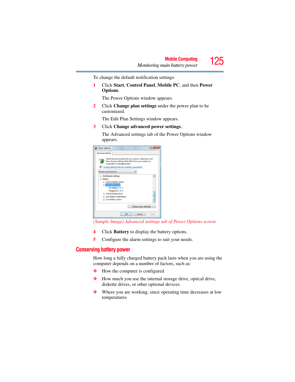 Conserving battery power | Toshiba SATELLITE M500 User Manual | Page 125 / 258