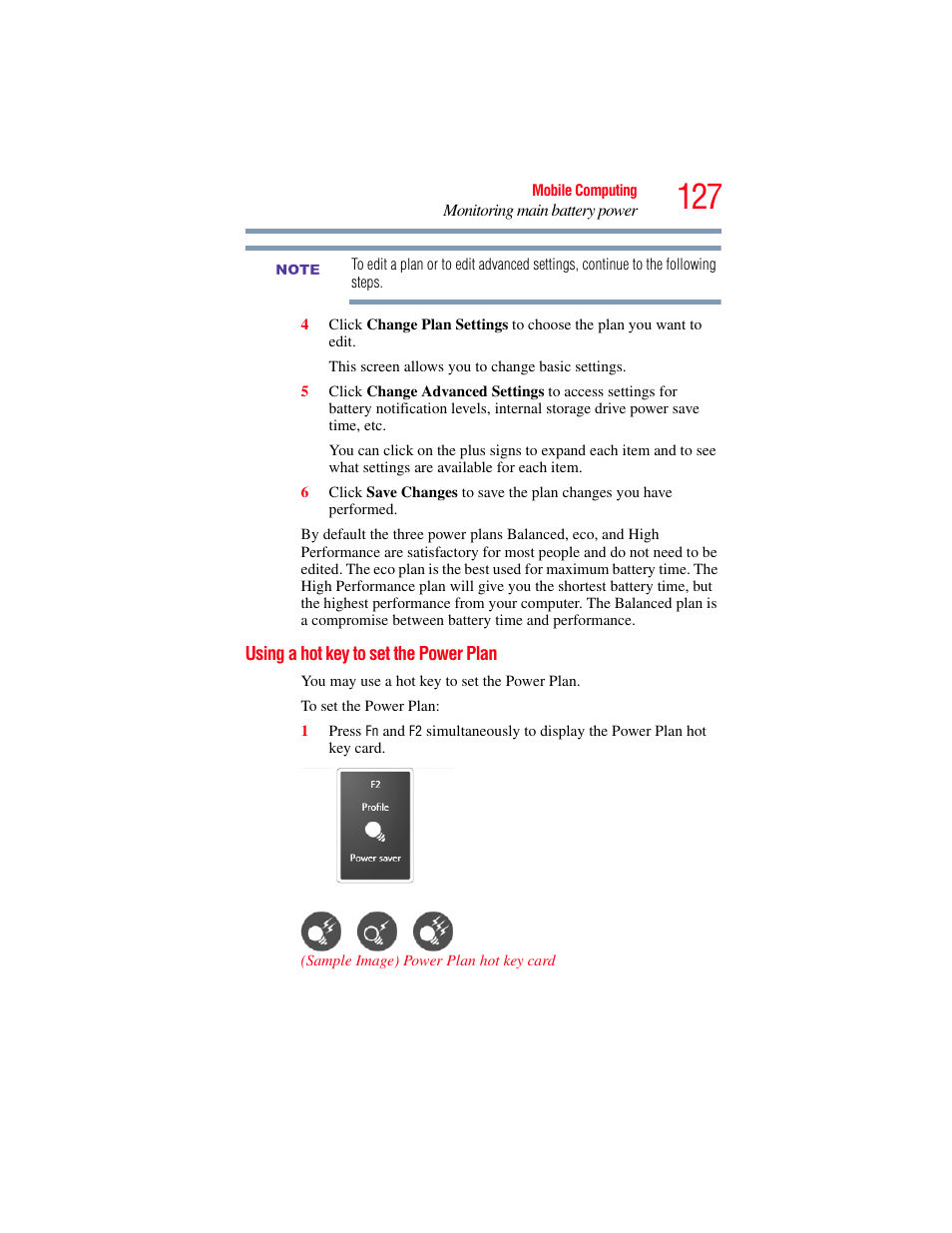 Using a hot key to set the power plan | Toshiba SATELLITE M500 User Manual | Page 127 / 258