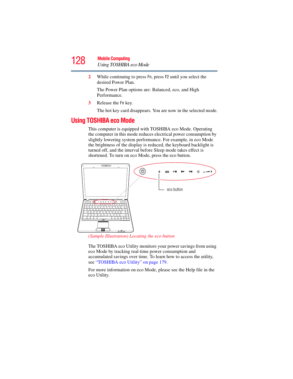 Using toshiba eco mode | Toshiba SATELLITE M500 User Manual | Page 128 / 258