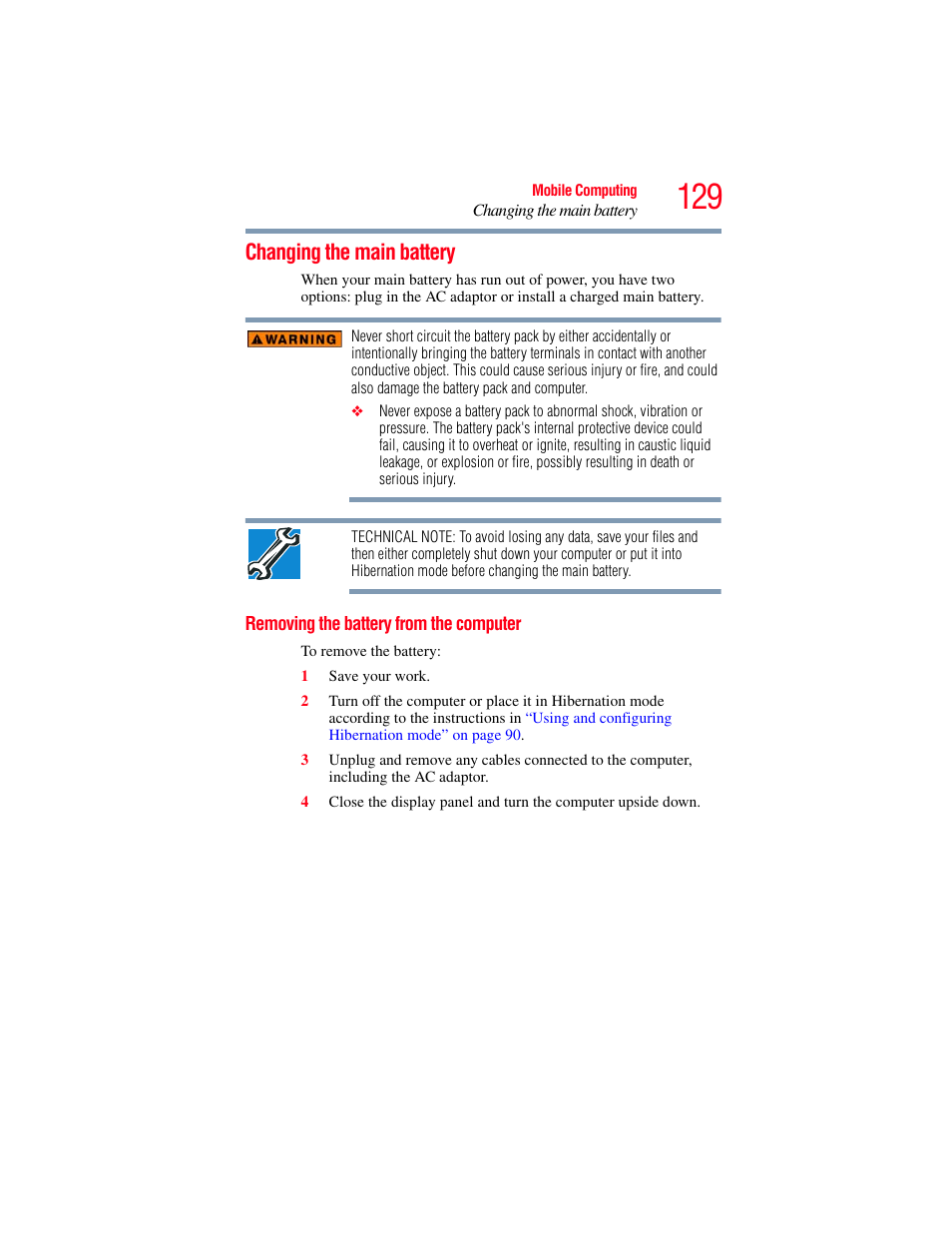 Changing the main battery, Removing the battery from the computer | Toshiba SATELLITE M500 User Manual | Page 129 / 258