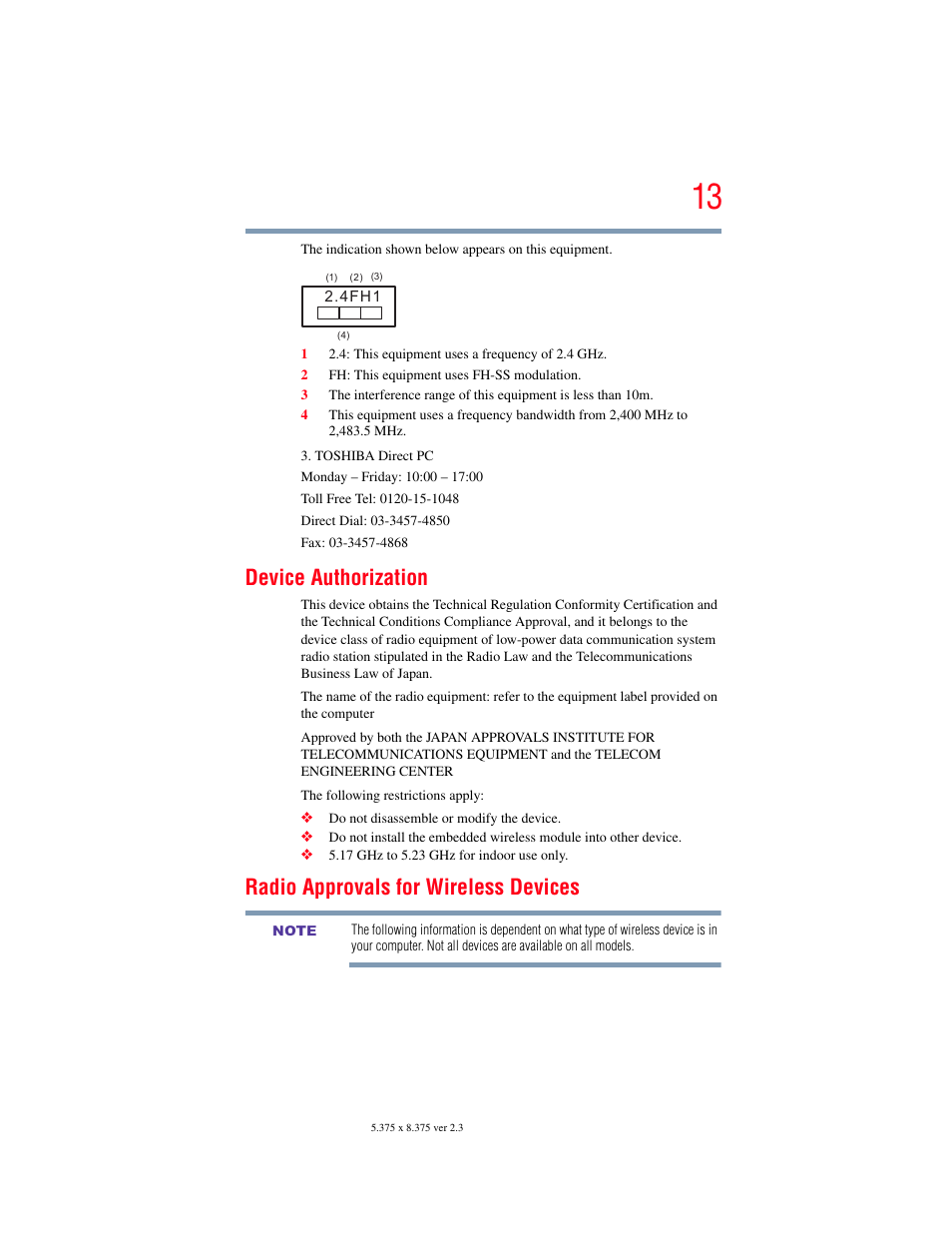 Device authorization, Radio approvals for wireless devices | Toshiba SATELLITE M500 User Manual | Page 13 / 258