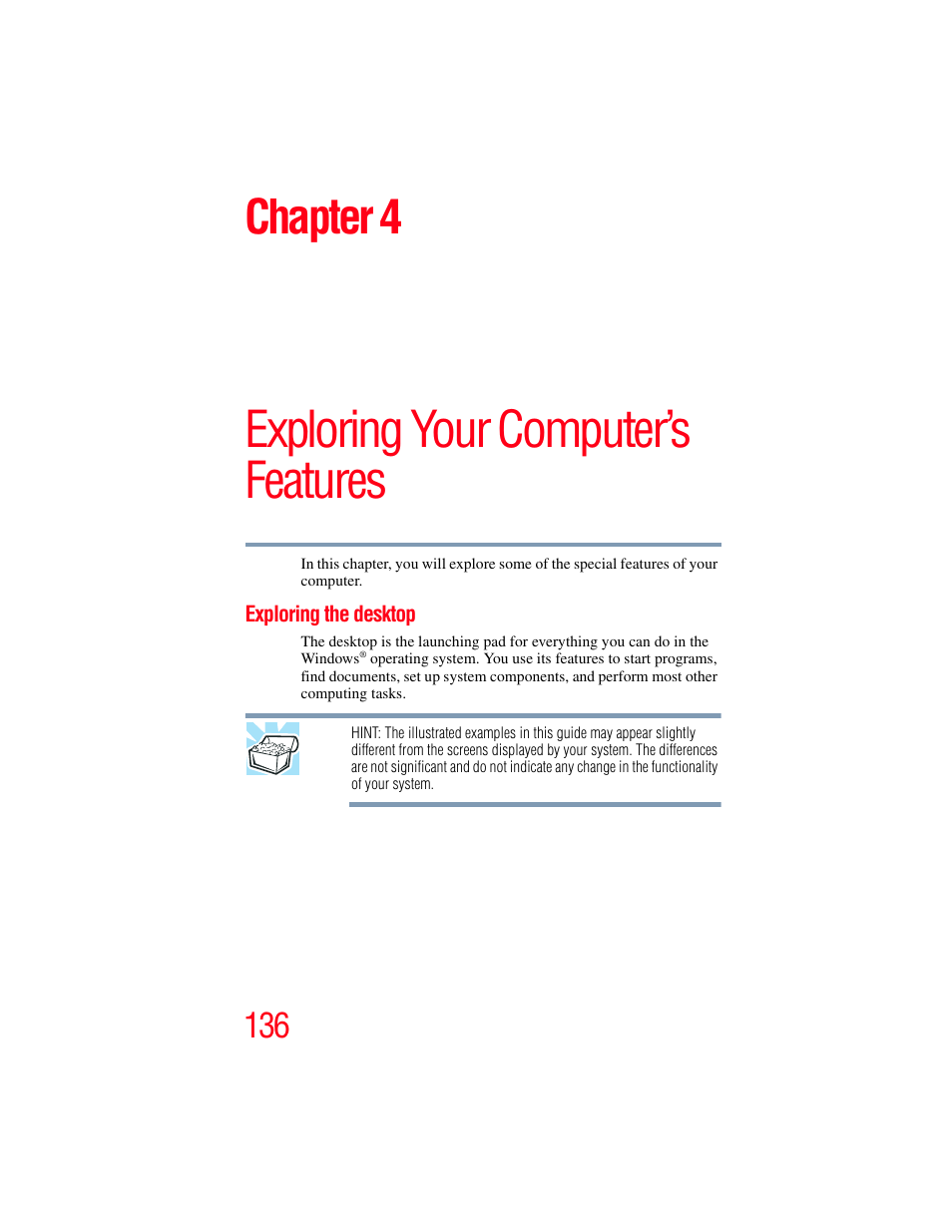 Chapter 4: exploring your computer’s features, Exploring the desktop, Exploring your computer’s features | Chapter 4 | Toshiba SATELLITE M500 User Manual | Page 136 / 258