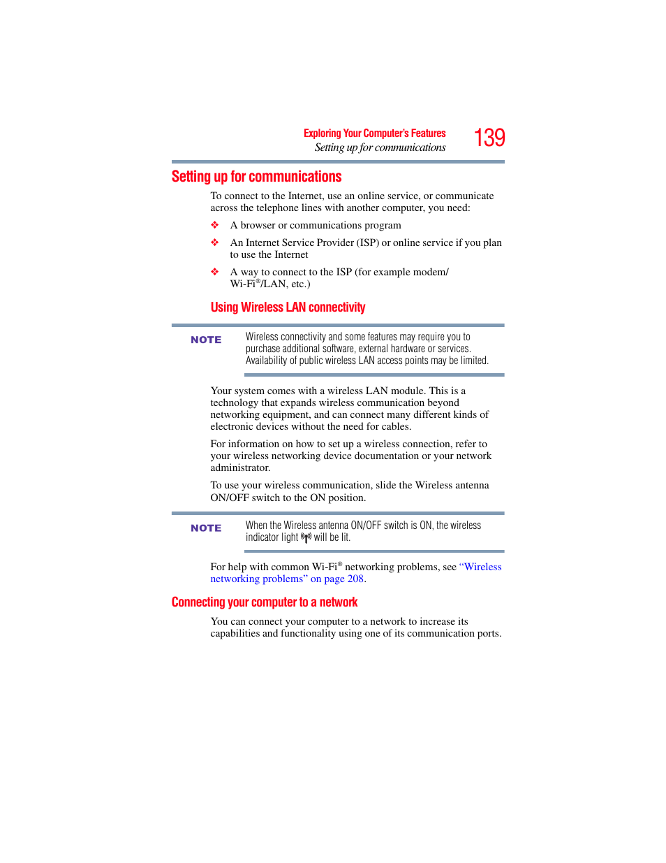 Setting up for communications, Connecting your computer to a network | Toshiba SATELLITE M500 User Manual | Page 139 / 258