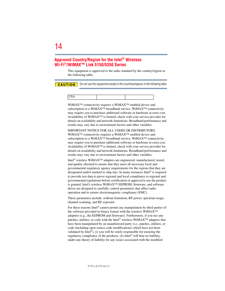 Approved country/region for the intel, Wireless wi-fi | Toshiba SATELLITE M500 User Manual | Page 14 / 258