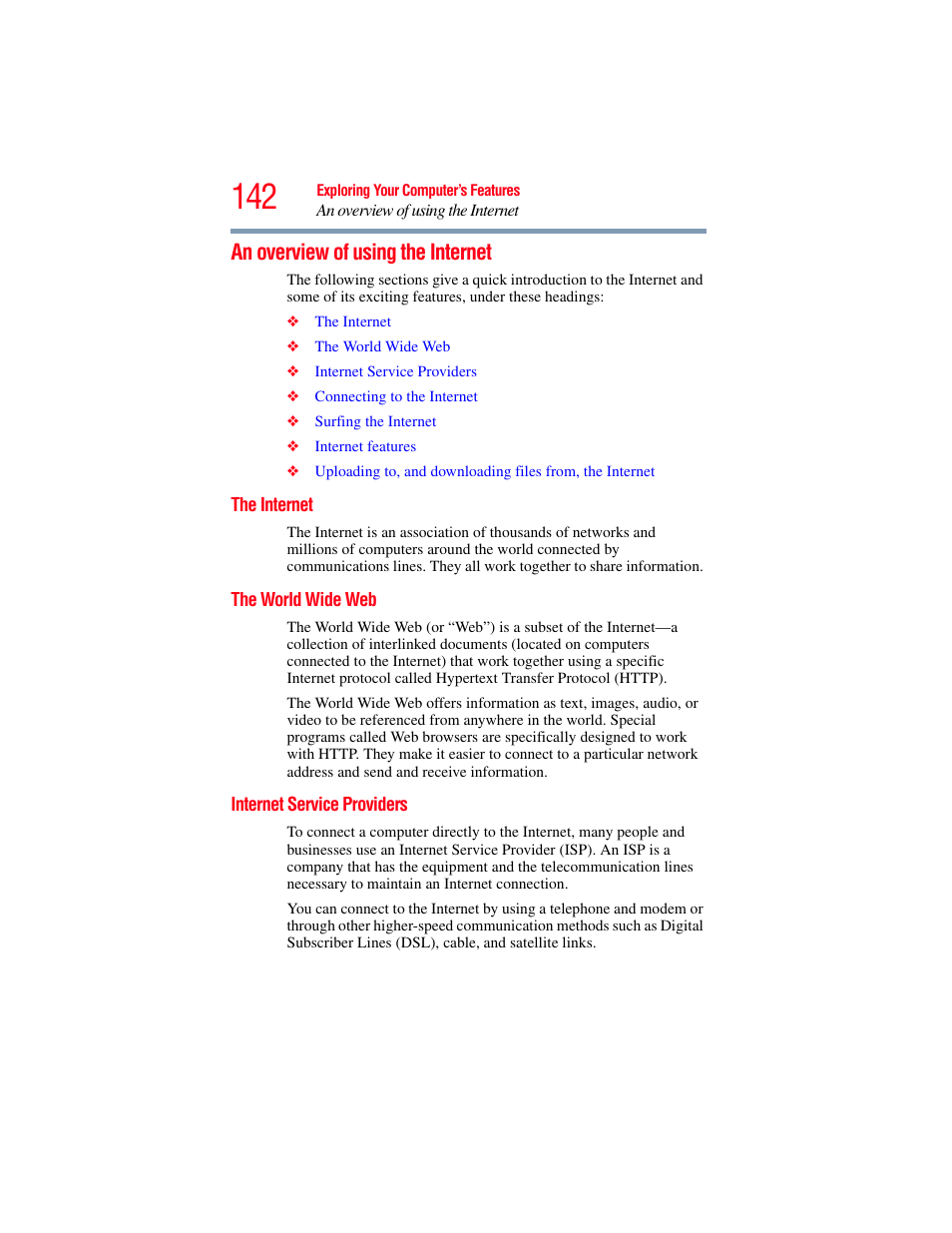 An overview of using the internet, The internet, The world wide web | Internet service providers | Toshiba SATELLITE M500 User Manual | Page 142 / 258