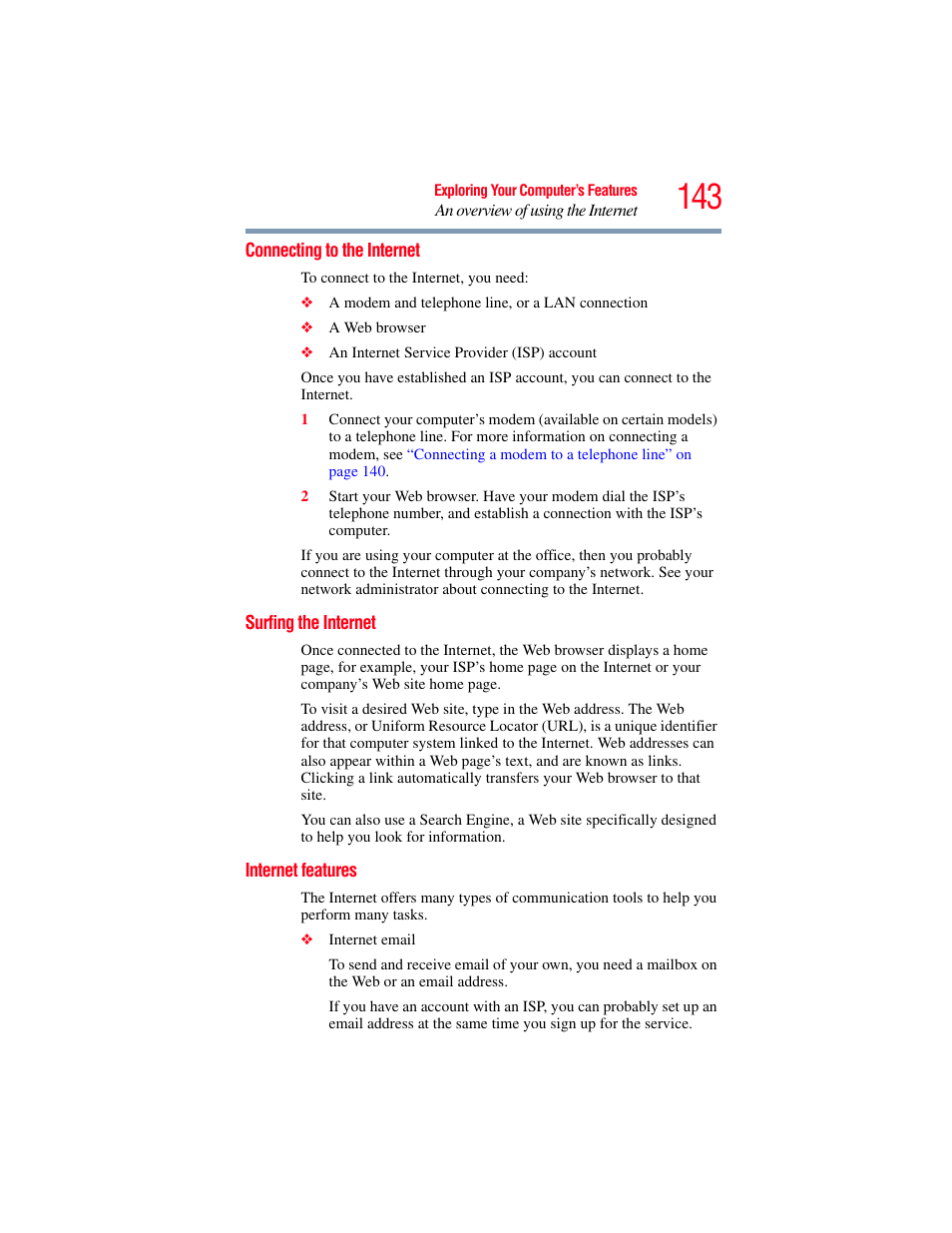 Connecting to the internet, Surfing the internet, Internet features | Toshiba SATELLITE M500 User Manual | Page 143 / 258