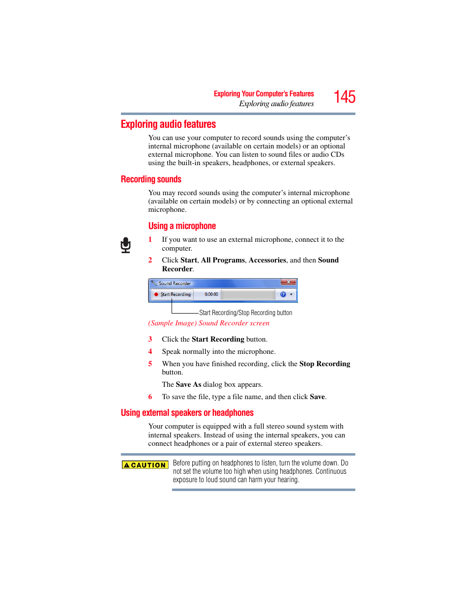 Exploring audio features, Recording sounds, Using external speakers or headphones | Toshiba SATELLITE M500 User Manual | Page 145 / 258