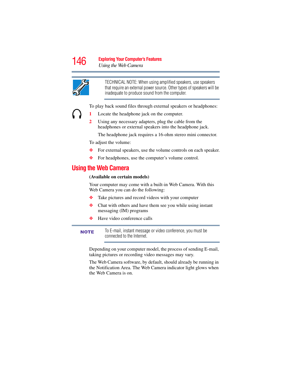 Using the web camera | Toshiba SATELLITE M500 User Manual | Page 146 / 258