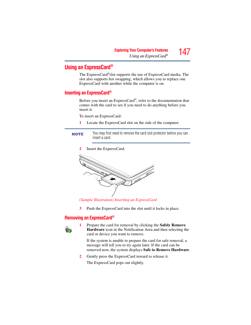 Using an expresscard, Inserting an expresscard, Removing an expresscard | Toshiba SATELLITE M500 User Manual | Page 147 / 258