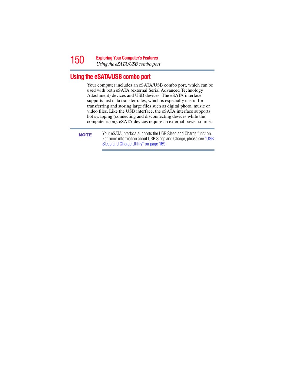 Using the esata/usb combo port | Toshiba SATELLITE M500 User Manual | Page 150 / 258