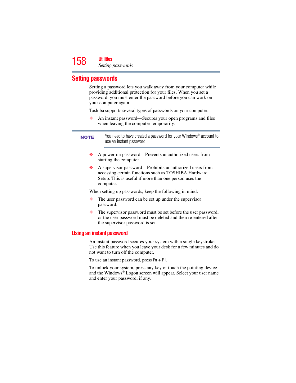 Setting passwords, Using an instant password, Supervisor password | Toshiba SATELLITE M500 User Manual | Page 158 / 258
