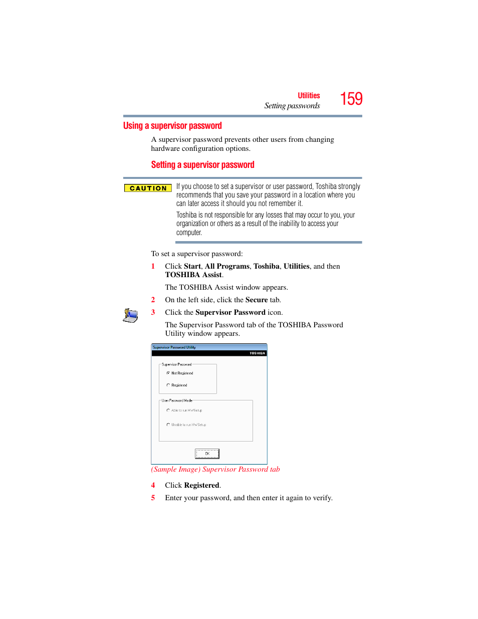 Using a supervisor password | Toshiba SATELLITE M500 User Manual | Page 159 / 258