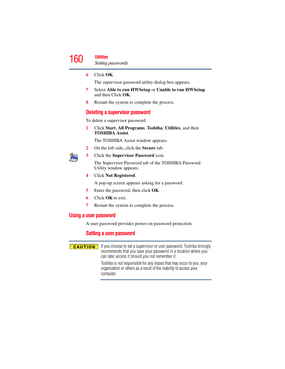 Using a user password, User password | Toshiba SATELLITE M500 User Manual | Page 160 / 258