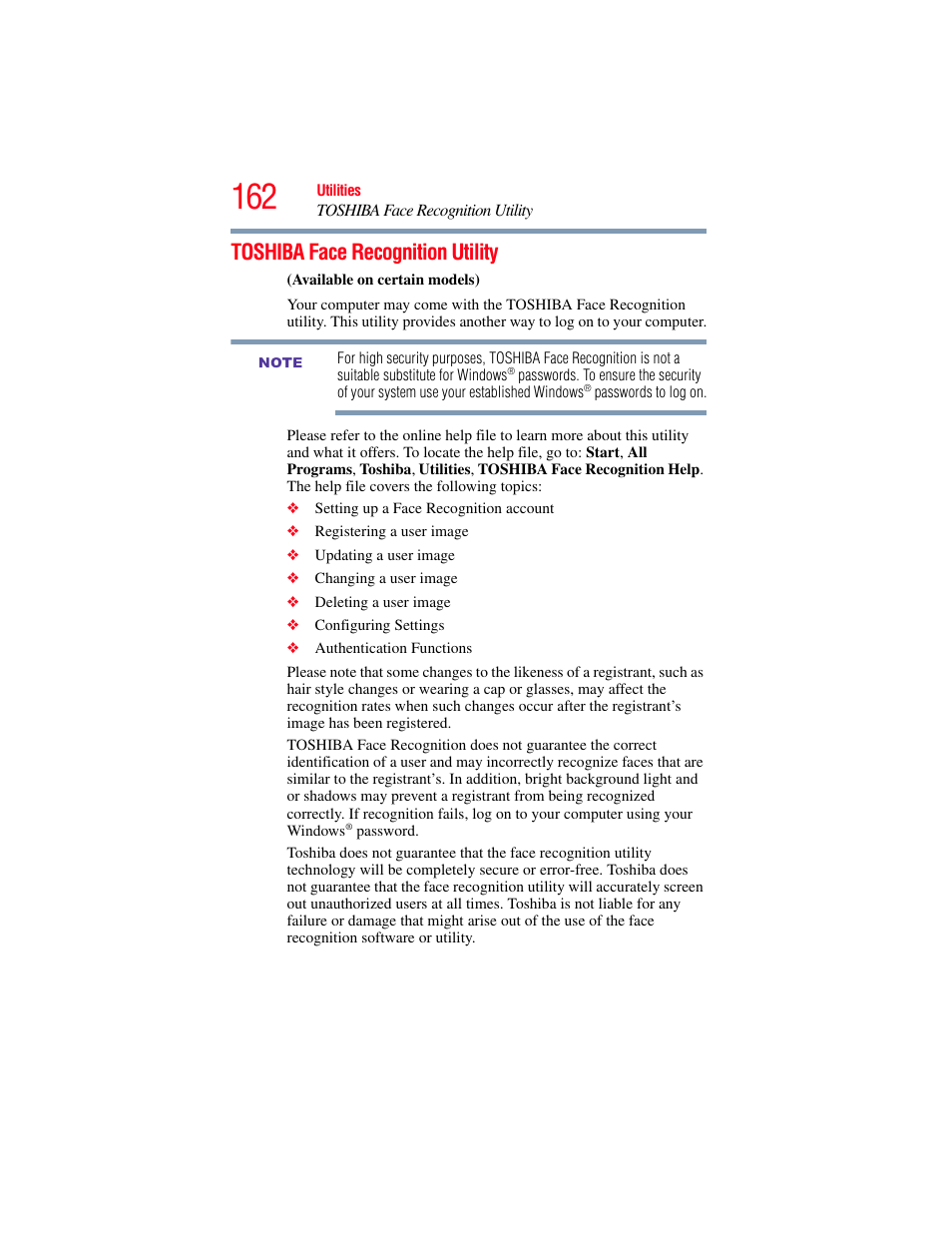 Toshiba face recognition utility | Toshiba SATELLITE M500 User Manual | Page 162 / 258