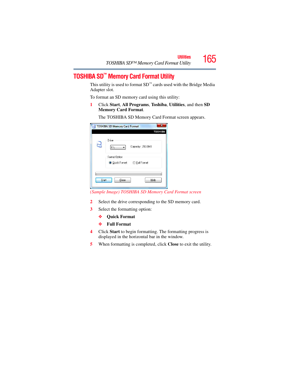 Toshiba sd™ memory card format utility, Toshiba sd | Toshiba SATELLITE M500 User Manual | Page 165 / 258
