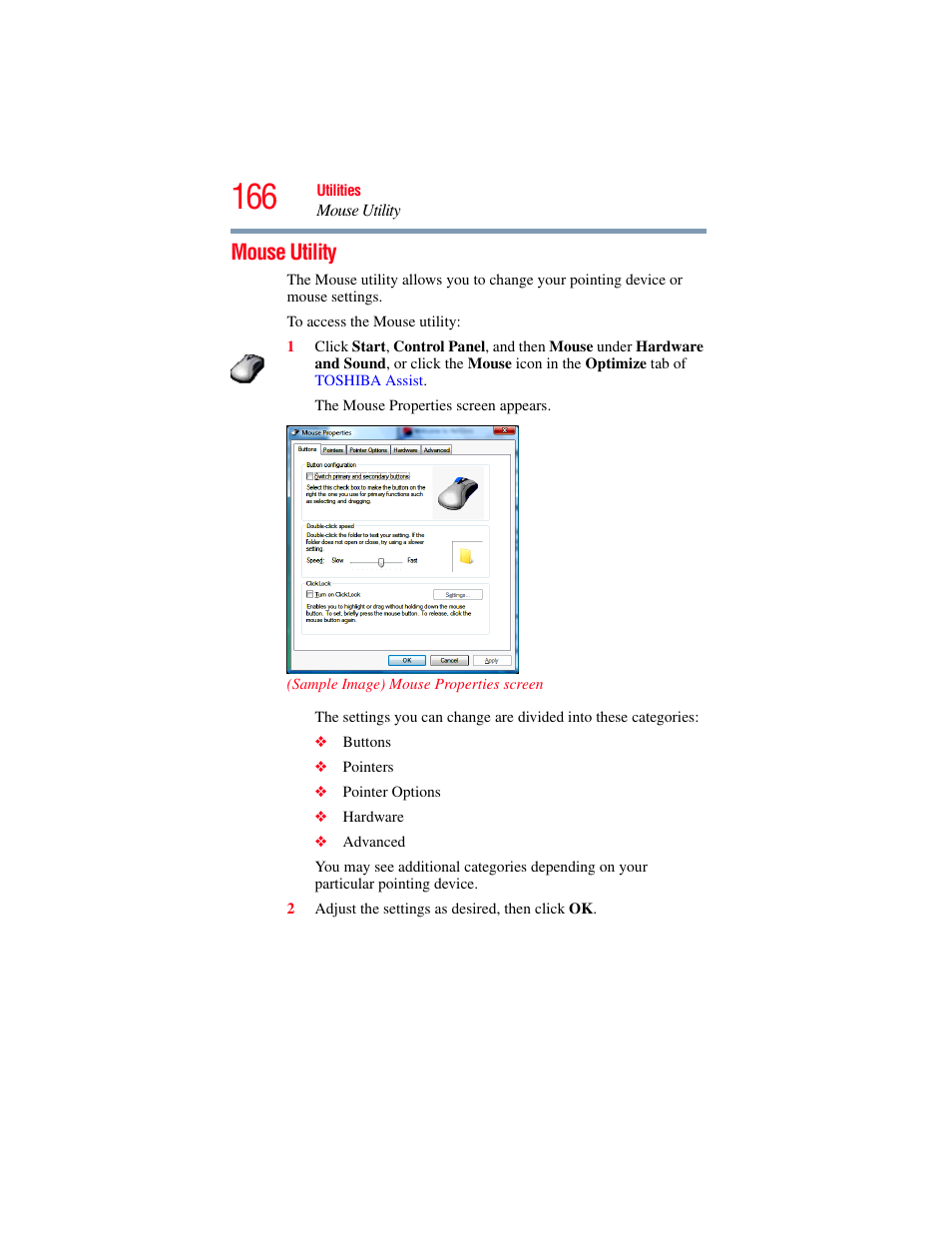 Mouse utility | Toshiba SATELLITE M500 User Manual | Page 166 / 258