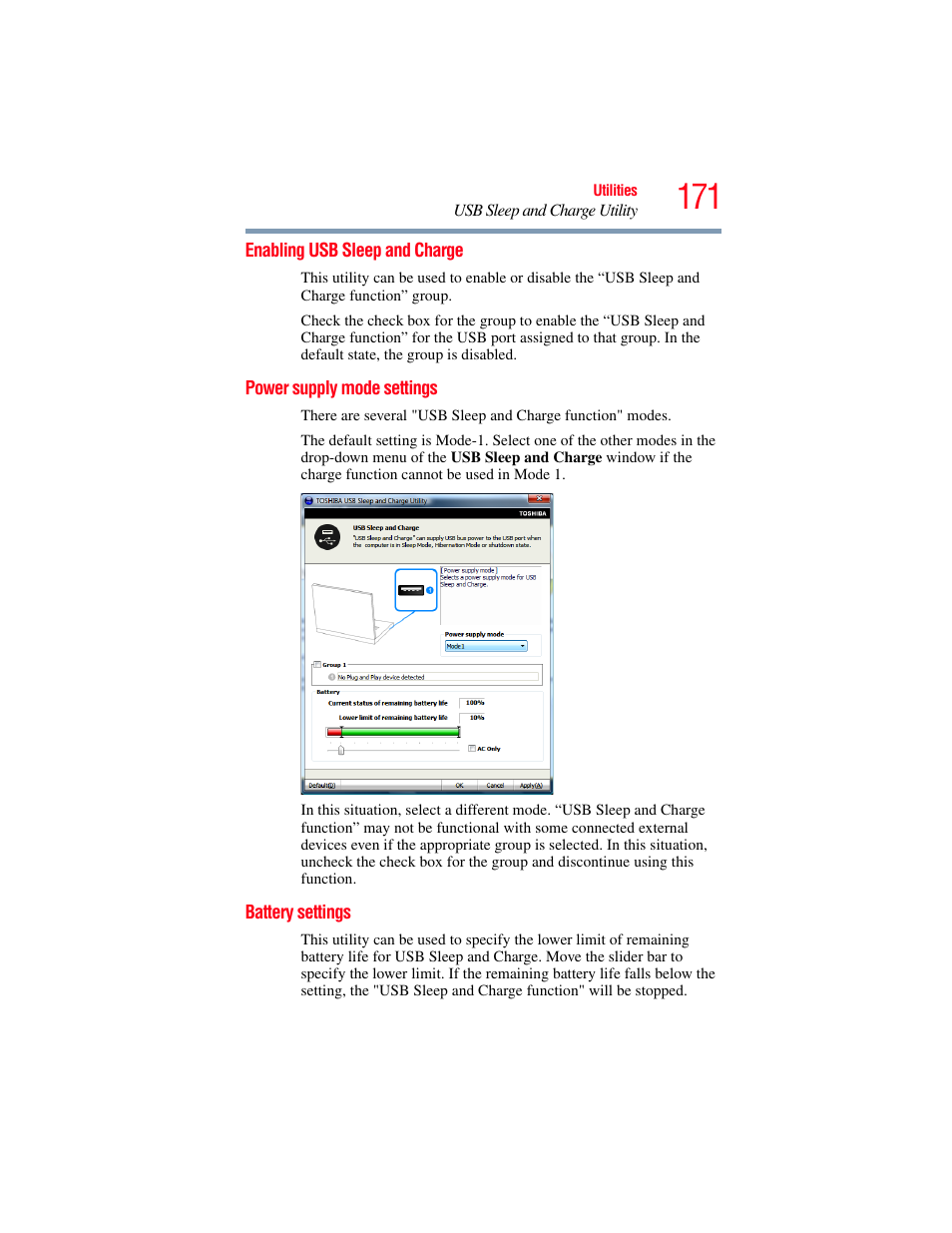 Enabling usb sleep and charge, Power supply mode settings, Battery settings | Toshiba SATELLITE M500 User Manual | Page 171 / 258