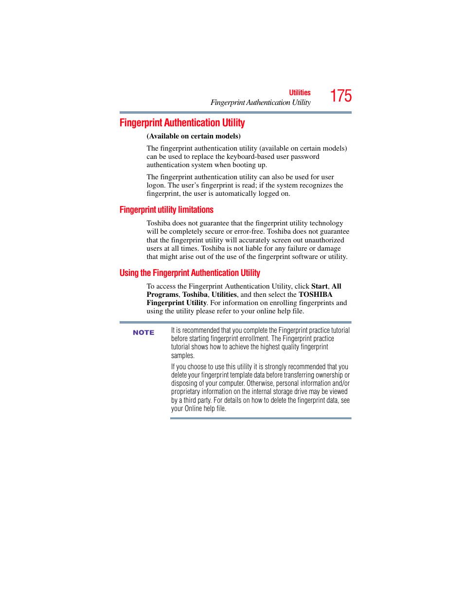 Fingerprint authentication utility, Fingerprint utility limitations, Using the fingerprint authentication utility | Toshiba SATELLITE M500 User Manual | Page 175 / 258