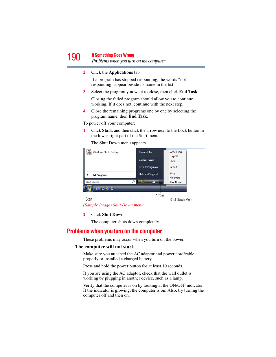 Problems when you turn on the computer | Toshiba SATELLITE M500 User Manual | Page 190 / 258