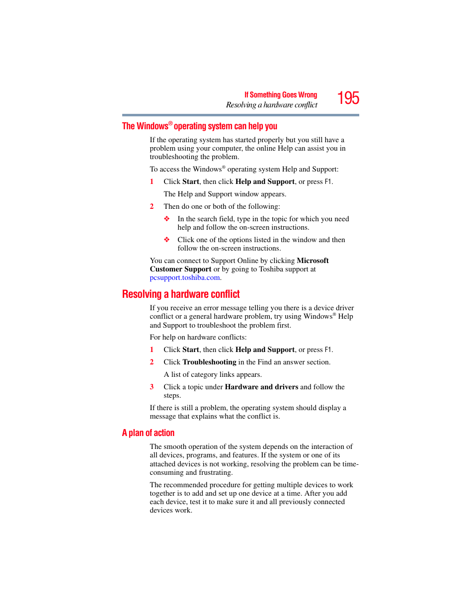 The windows® operating system can help you, Resolving a hardware conflict, A plan of action | The windows, Resolving a hardware conflict” on | Toshiba SATELLITE M500 User Manual | Page 195 / 258