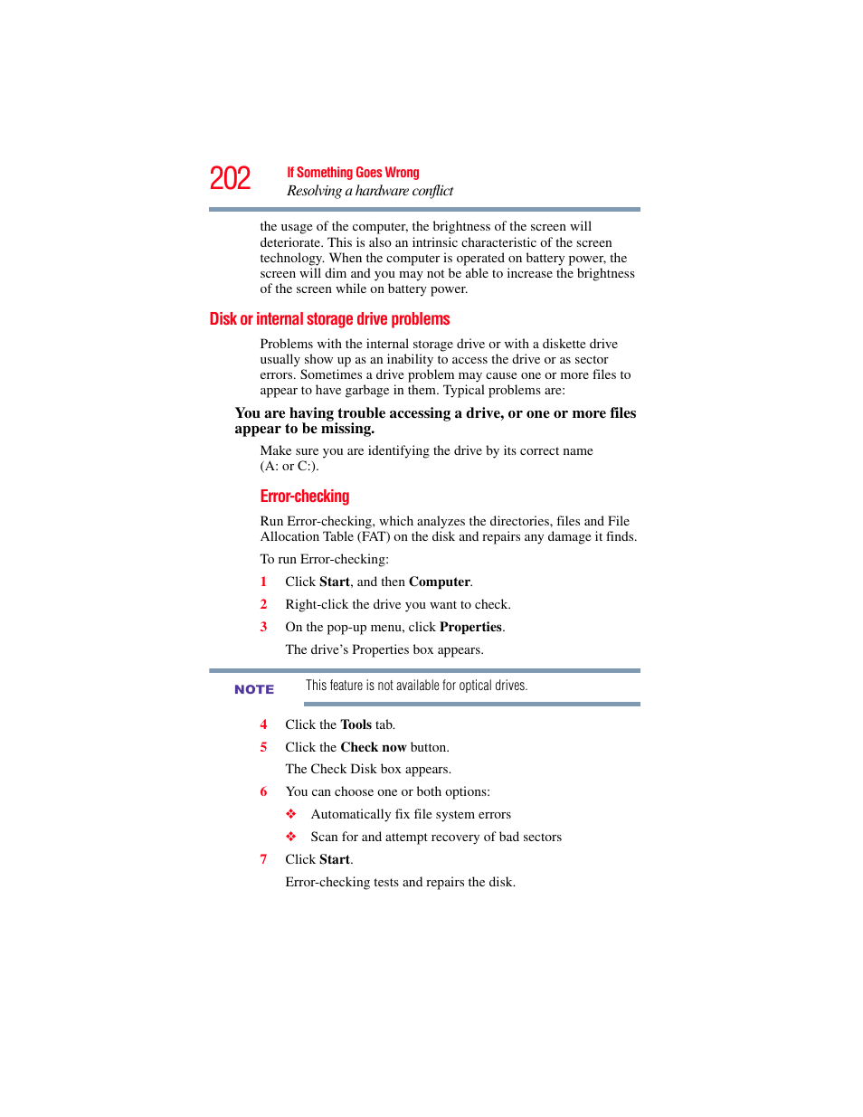 Disk or internal storage drive problems | Toshiba SATELLITE M500 User Manual | Page 202 / 258