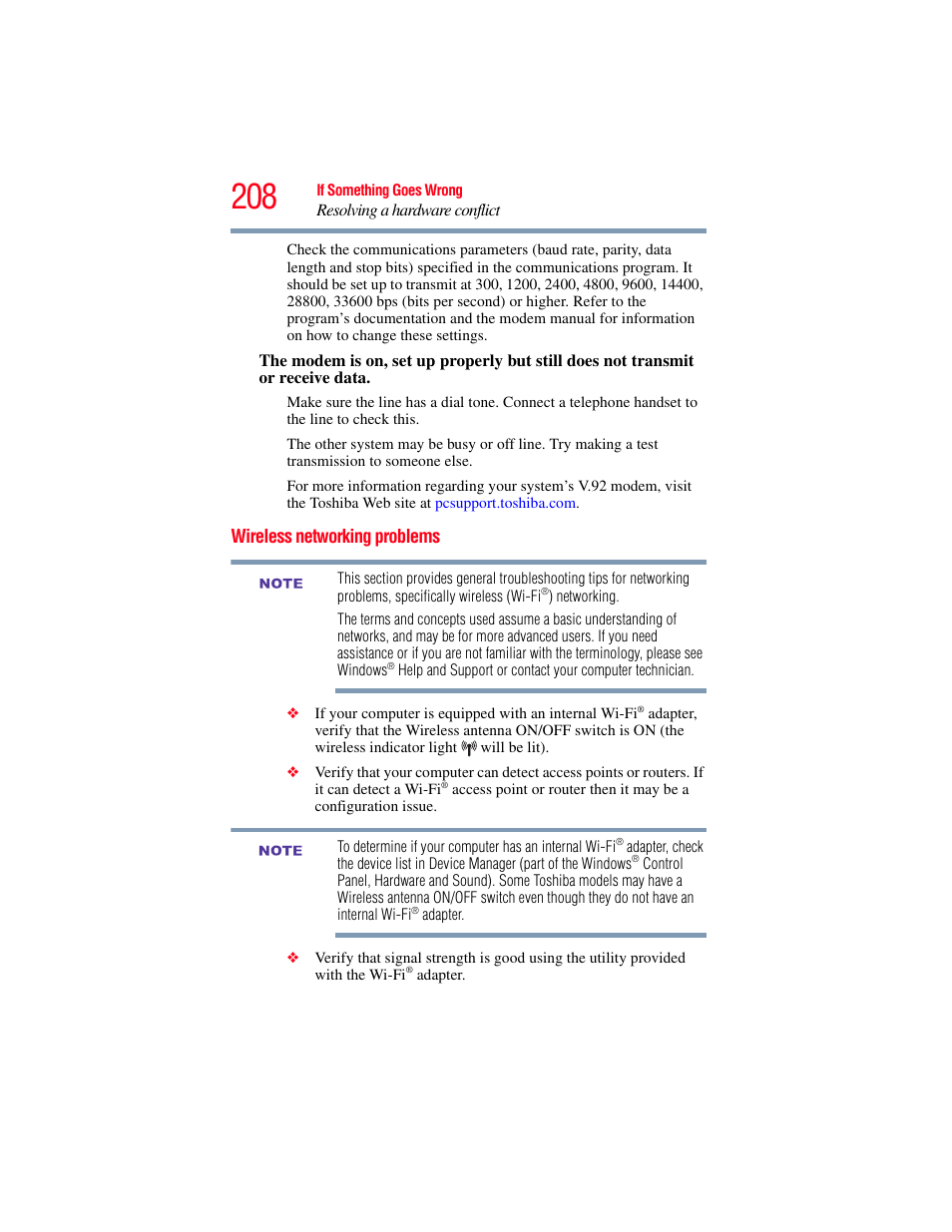 Wireless networking problems | Toshiba SATELLITE M500 User Manual | Page 208 / 258