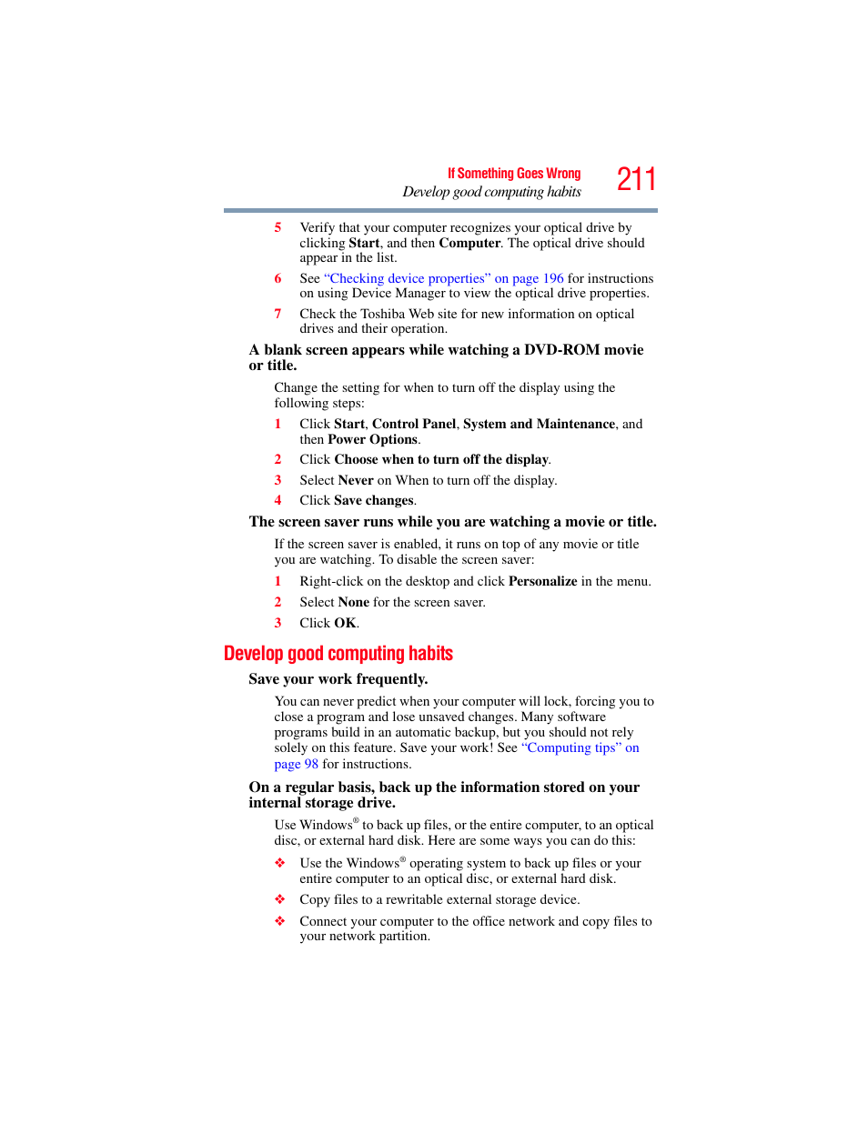 Develop good computing habits | Toshiba SATELLITE M500 User Manual | Page 211 / 258