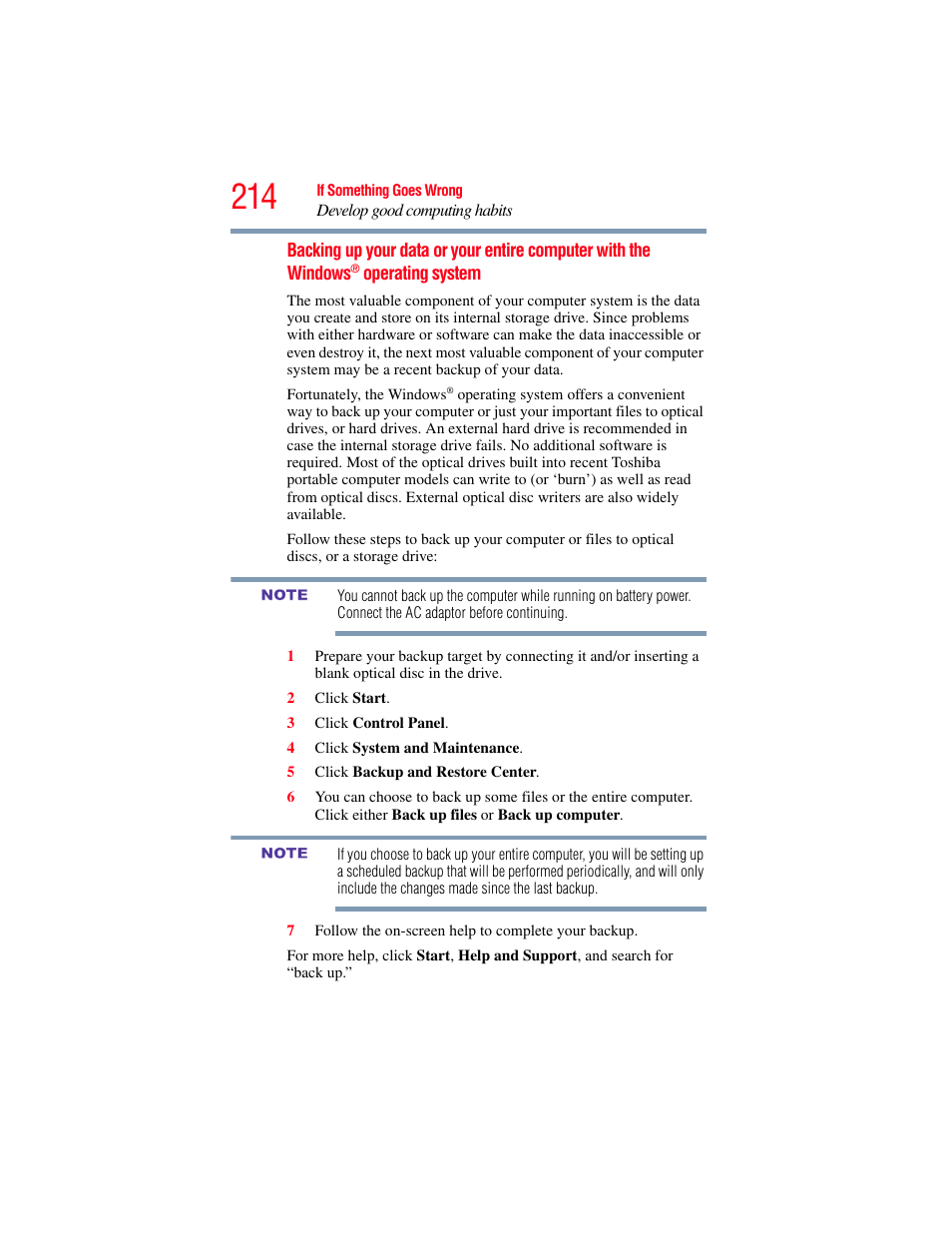 Backing up your data or your entire computer with, The windows | Toshiba SATELLITE M500 User Manual | Page 214 / 258