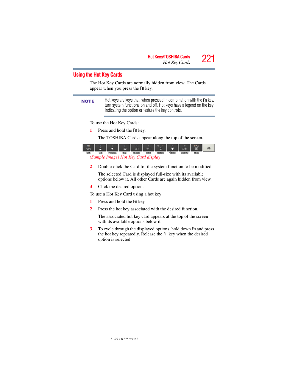 Using the hot key cards | Toshiba SATELLITE M500 User Manual | Page 221 / 258
