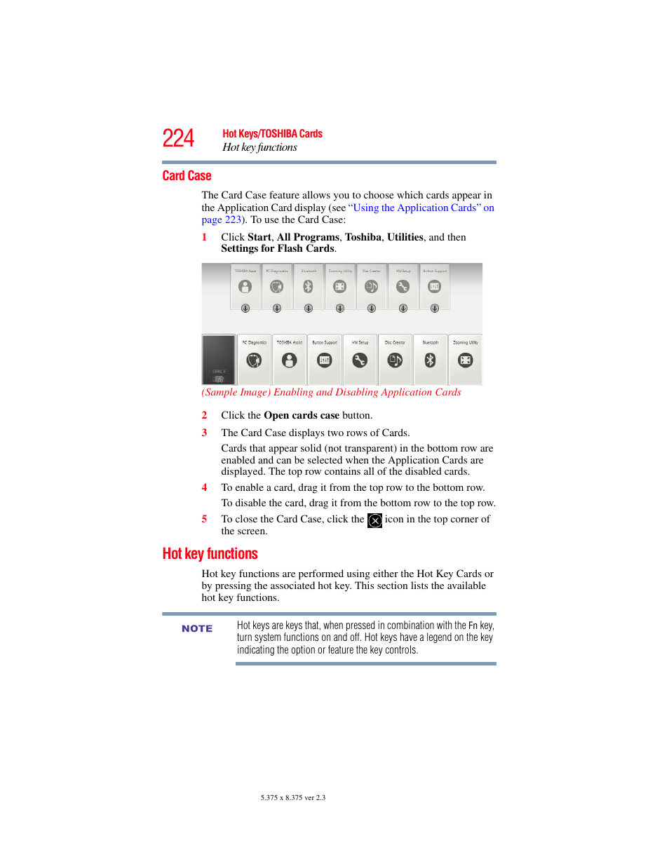 Card case, Hot key functions | Toshiba SATELLITE M500 User Manual | Page 224 / 258