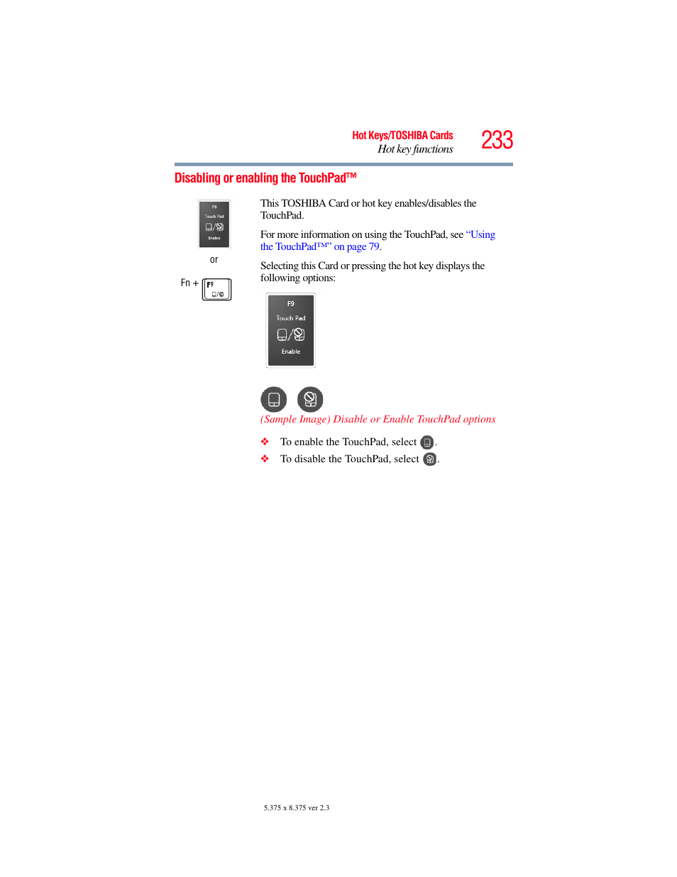 Disabling or enabling the touchpad, Disabling or enabling the | Toshiba SATELLITE M500 User Manual | Page 233 / 258