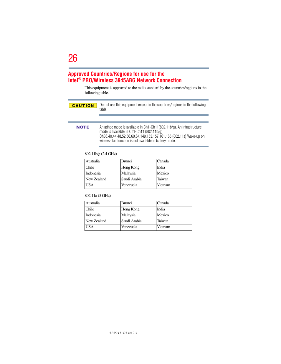 Approved countries/regions for use for the intel, Pro/wireless 3945abg network connection | Toshiba SATELLITE M500 User Manual | Page 26 / 258