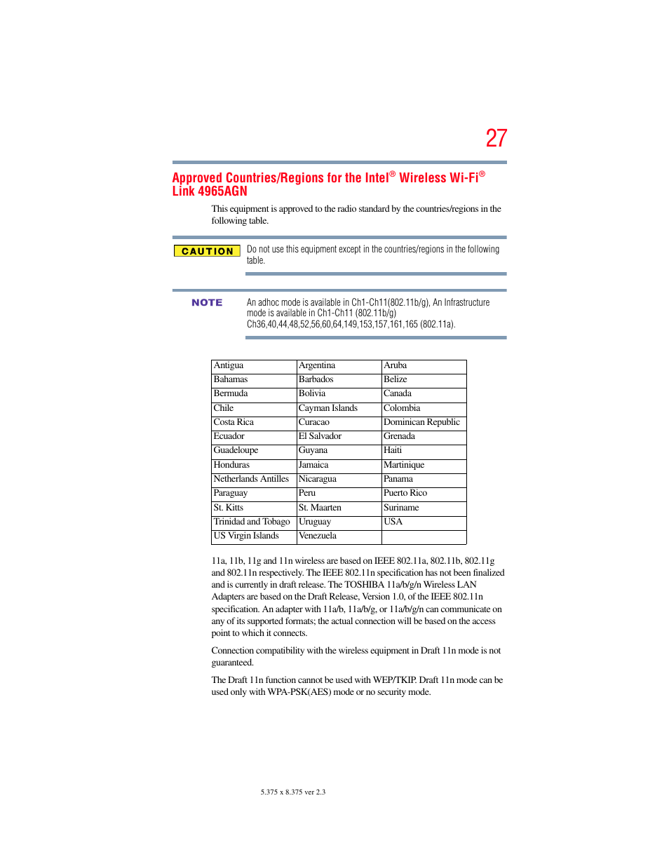 Approved countries/regions for the intel, Wireless wi-fi, Link 4965agn | Toshiba SATELLITE M500 User Manual | Page 27 / 258