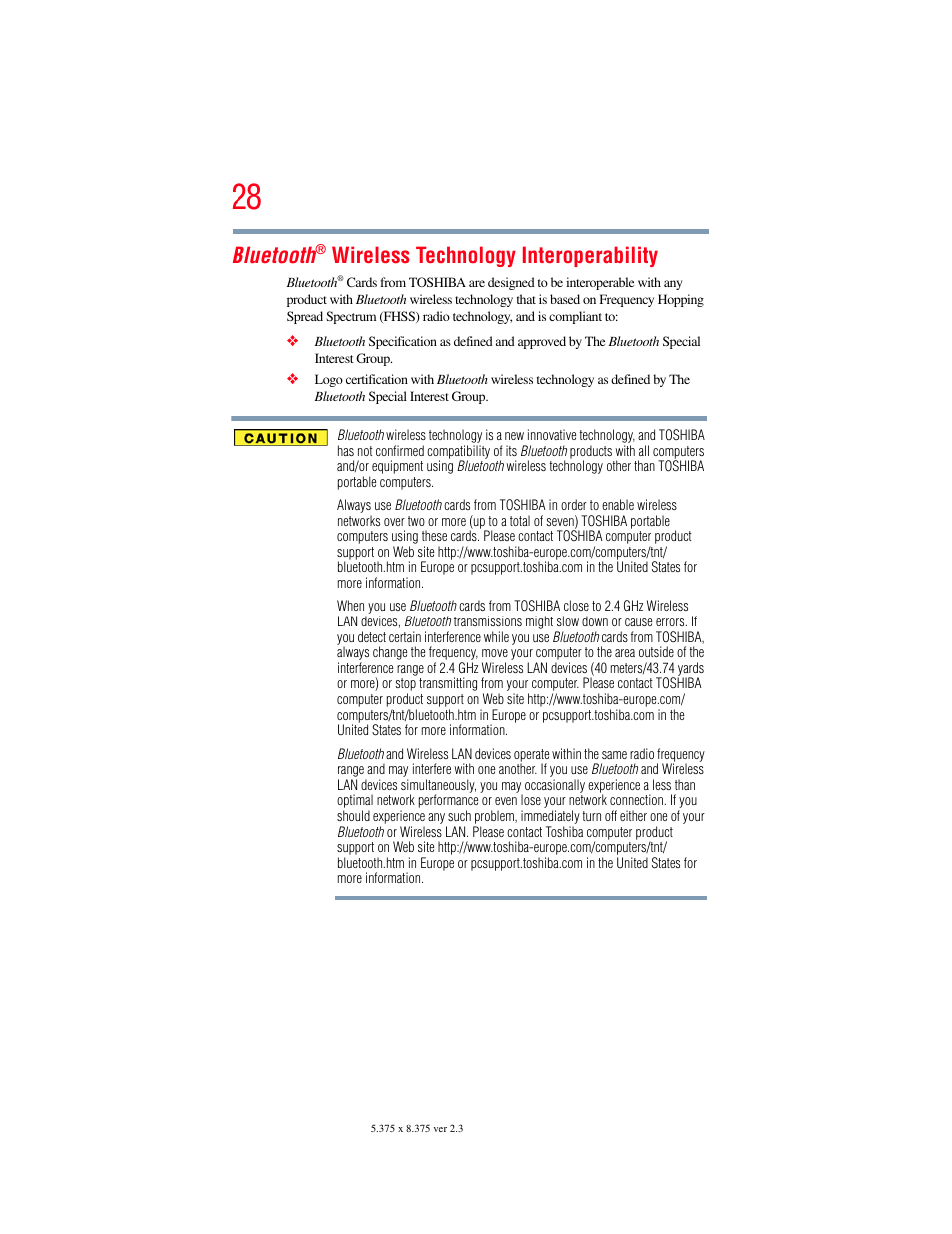 Bluetooth, Wireless technology interoperability | Toshiba SATELLITE M500 User Manual | Page 28 / 258