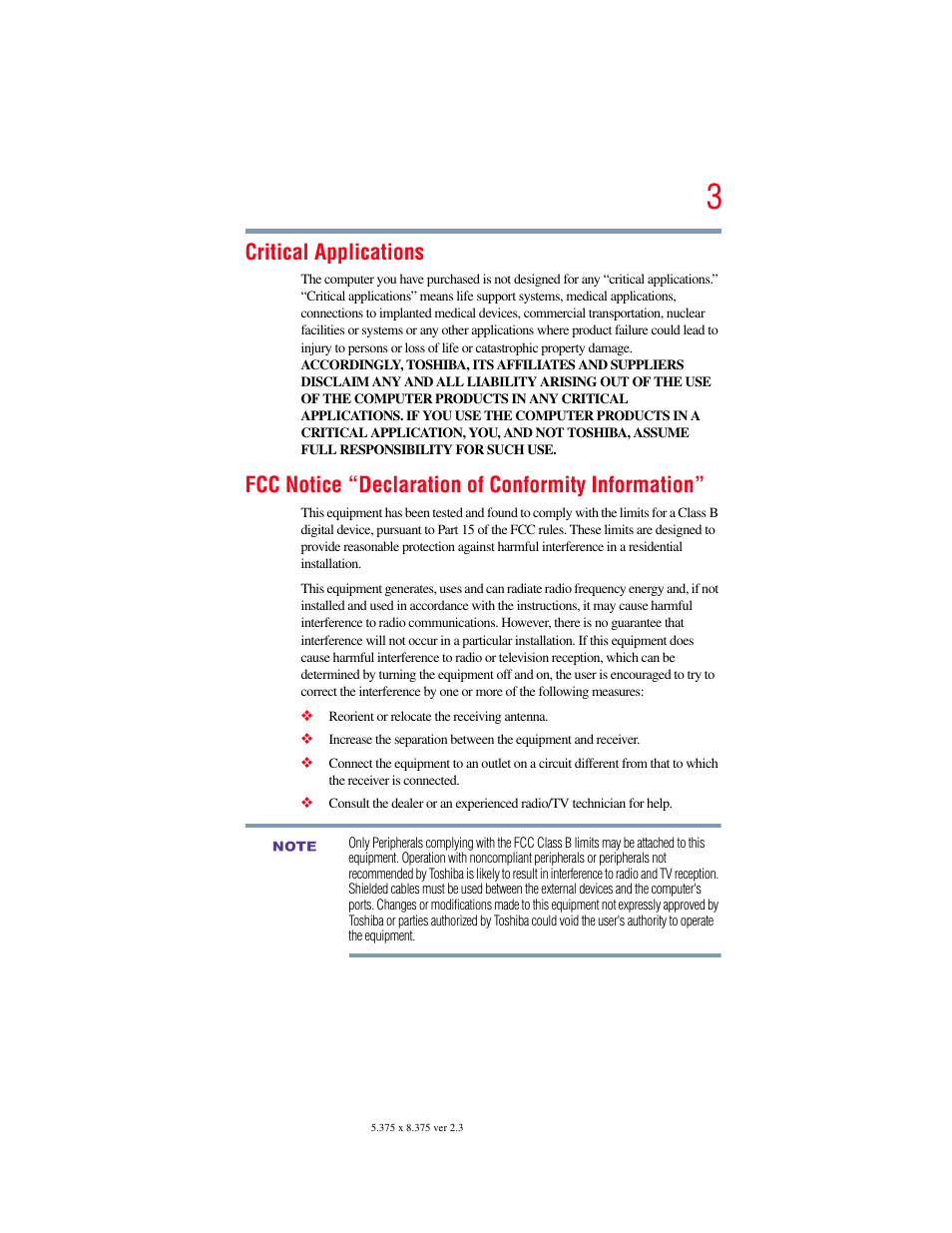 Critical applications, Fcc notice “declaration of conformity information | Toshiba SATELLITE M500 User Manual | Page 3 / 258
