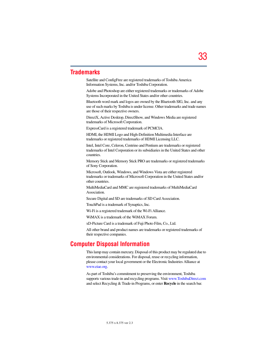 Trademarks, Computer disposal information | Toshiba SATELLITE M500 User Manual | Page 33 / 258