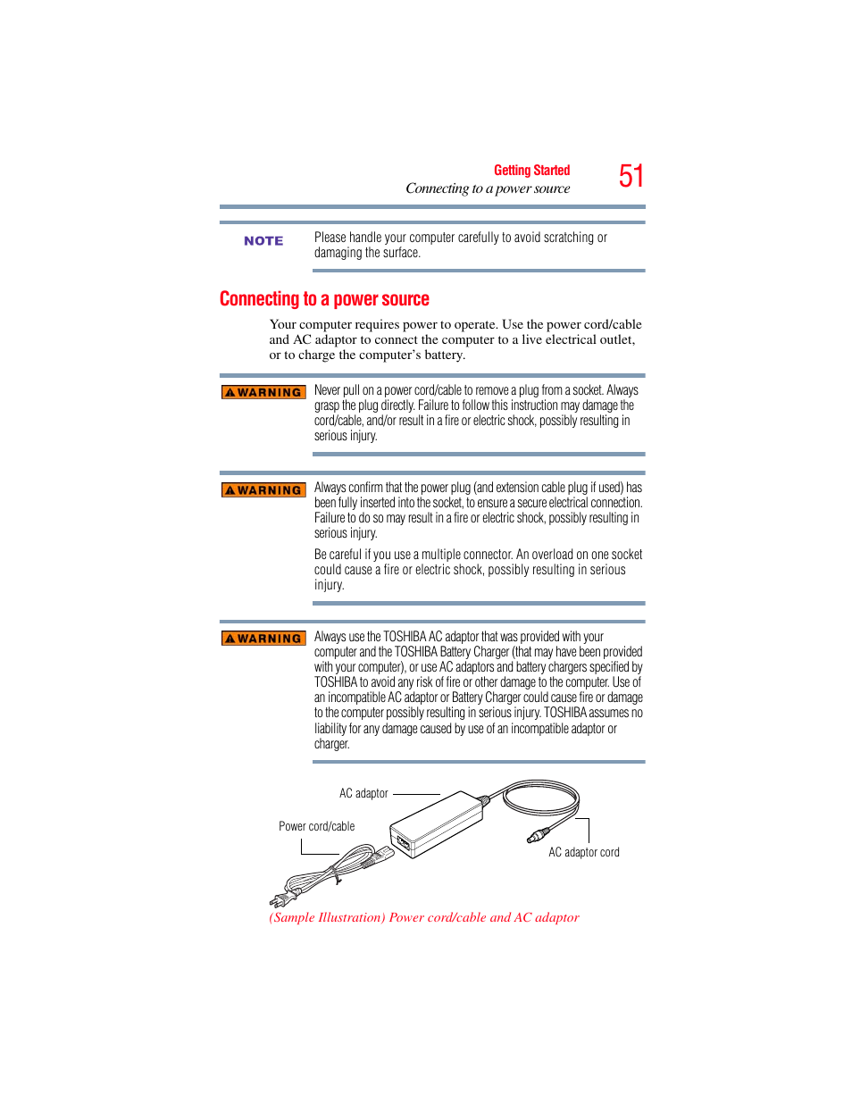 Connecting to a power source | Toshiba SATELLITE M500 User Manual | Page 51 / 258