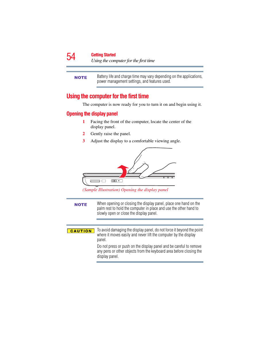 Using the computer for the first time, Opening the display panel | Toshiba SATELLITE M500 User Manual | Page 54 / 258