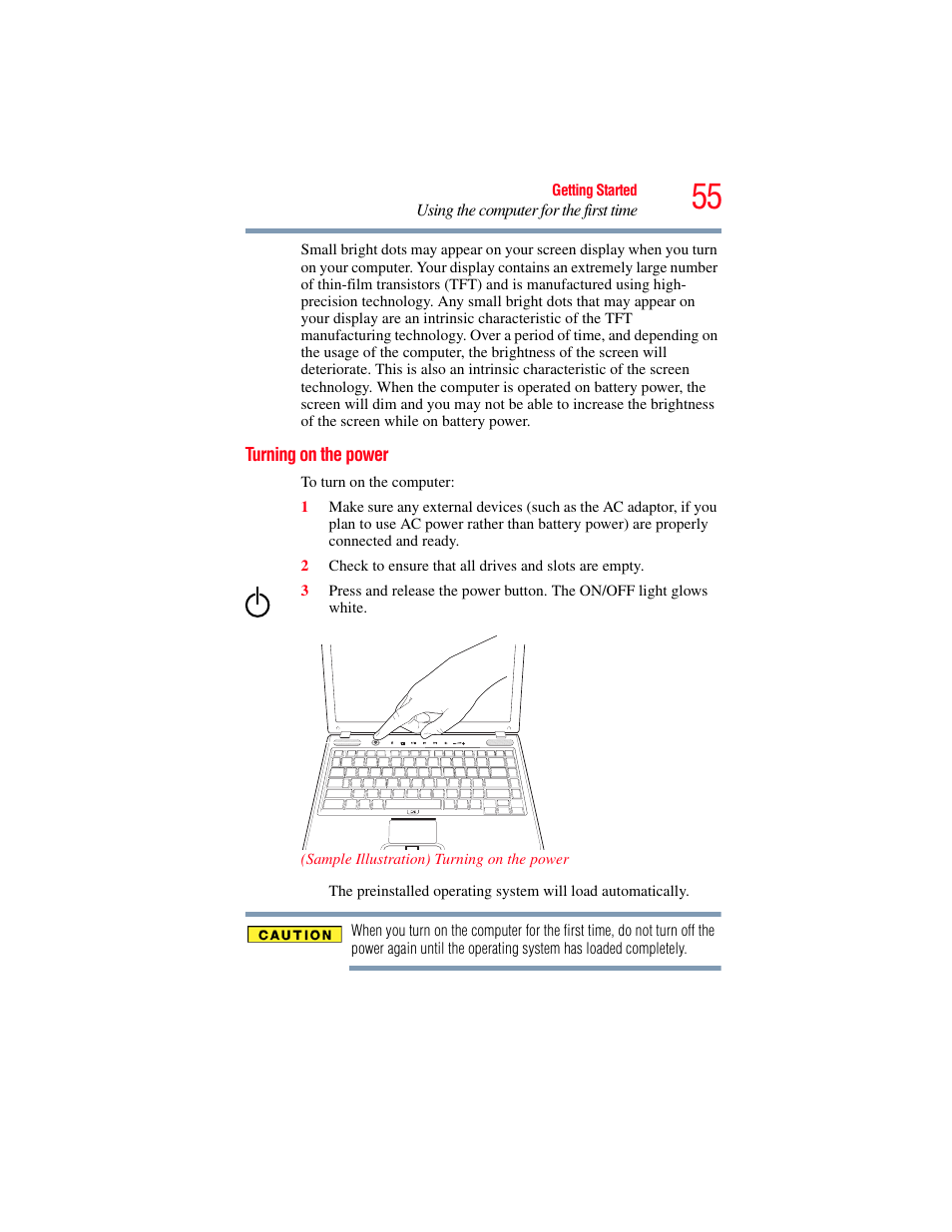 Turning on the power | Toshiba SATELLITE M500 User Manual | Page 55 / 258