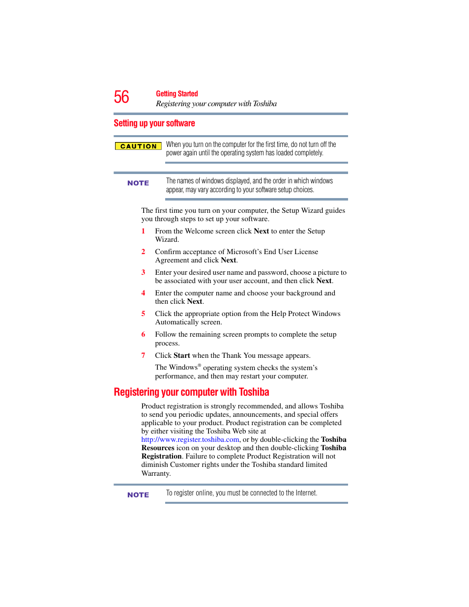 Setting up your software, Registering your computer with toshiba | Toshiba SATELLITE M500 User Manual | Page 56 / 258