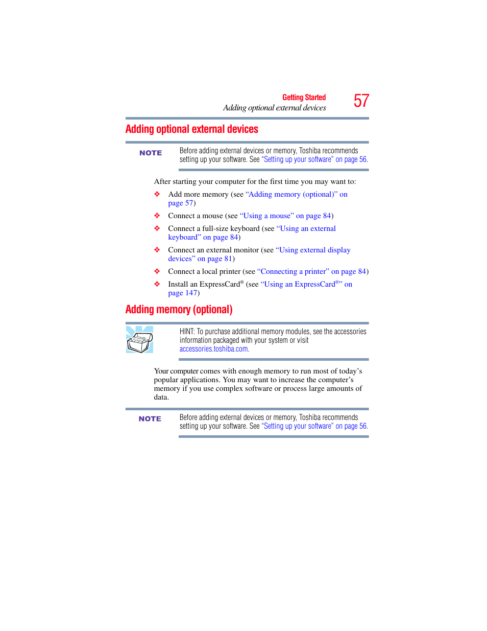 Adding optional external devices, Adding memory (optional) | Toshiba SATELLITE M500 User Manual | Page 57 / 258