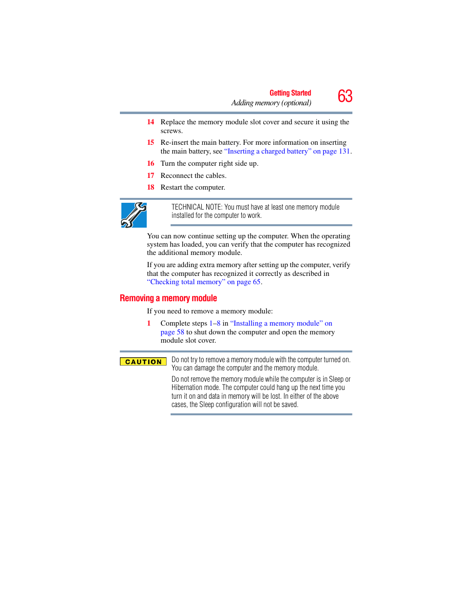 Removing a memory module | Toshiba SATELLITE M500 User Manual | Page 63 / 258