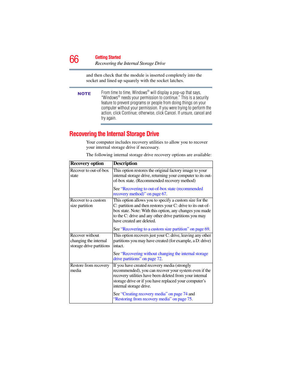 Recovering the internal storage drive | Toshiba SATELLITE M500 User Manual | Page 66 / 258