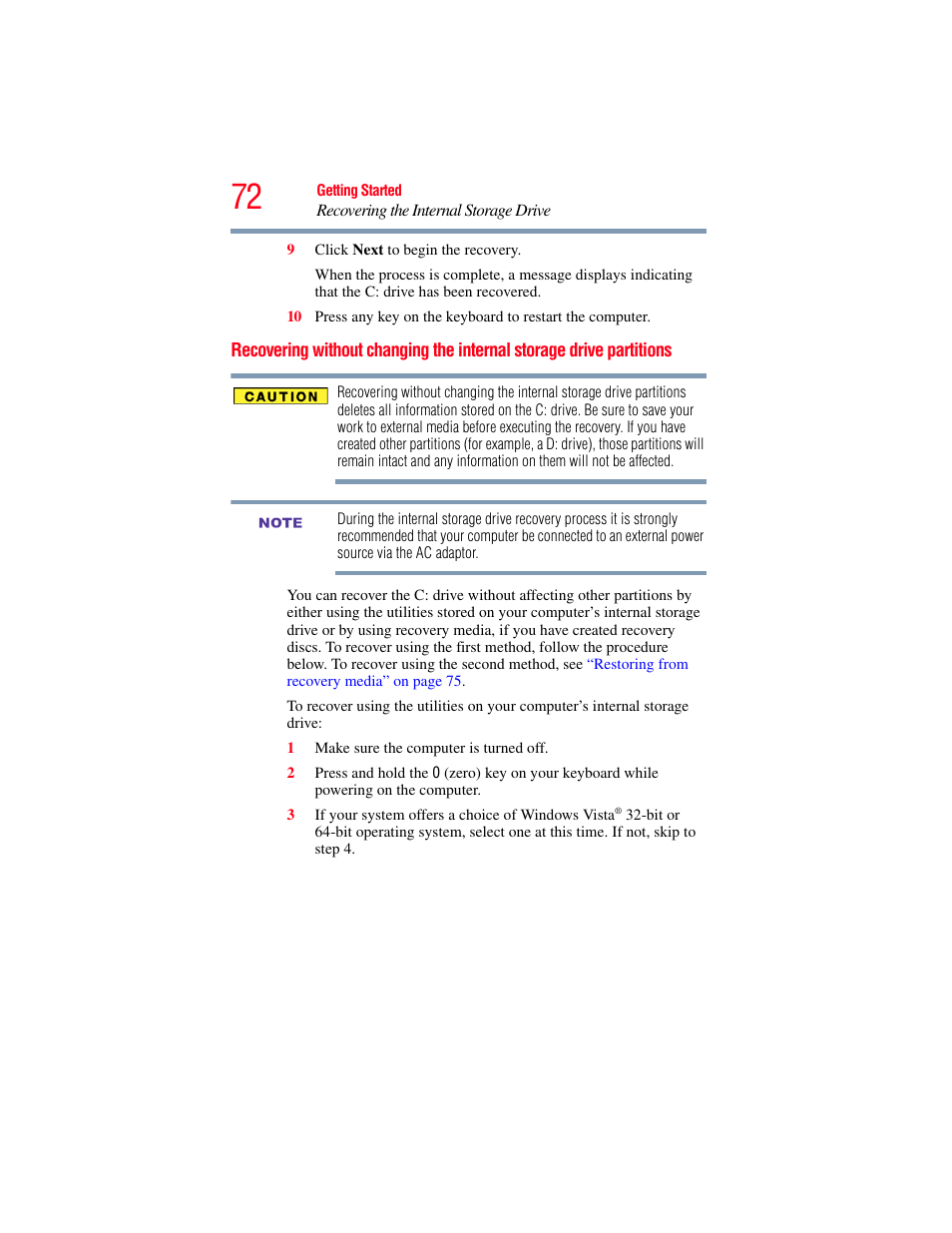 Recovering without changing the internal, Storage drive partitions, Recovering without changing the internal storage | Toshiba SATELLITE M500 User Manual | Page 72 / 258