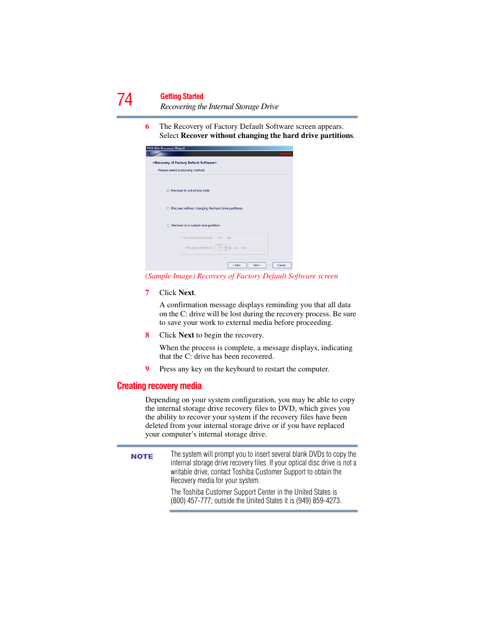 Creating recovery media, Creating recovery media” on | Toshiba SATELLITE M500 User Manual | Page 74 / 258