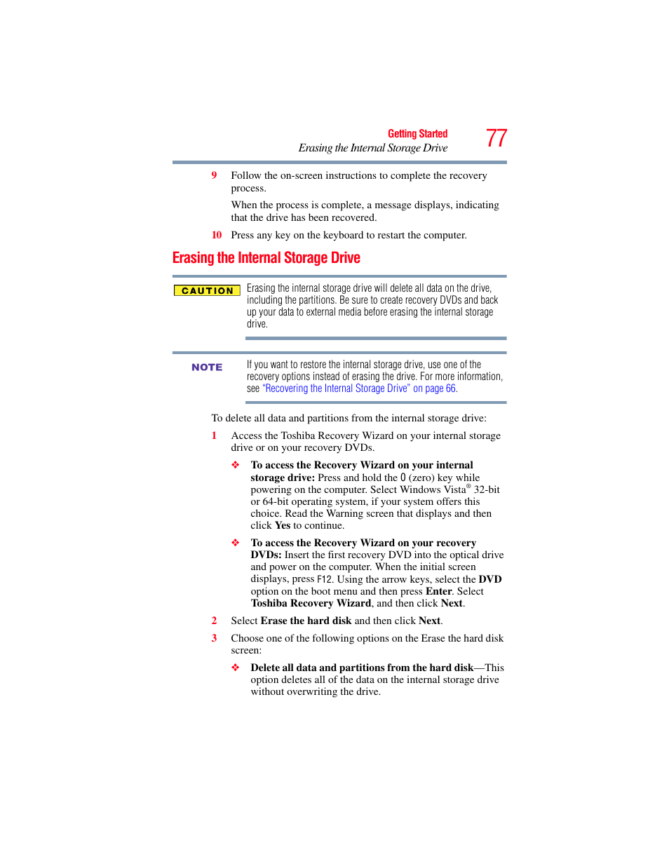Erasing the internal storage drive | Toshiba SATELLITE M500 User Manual | Page 77 / 258