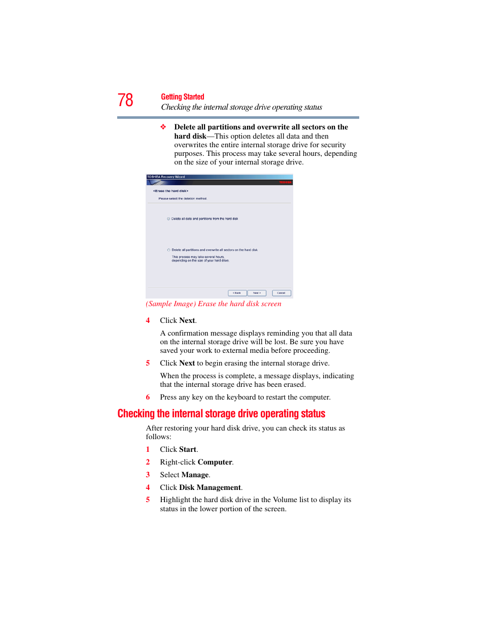 Checking the internal storage drive operating, Status | Toshiba SATELLITE M500 User Manual | Page 78 / 258