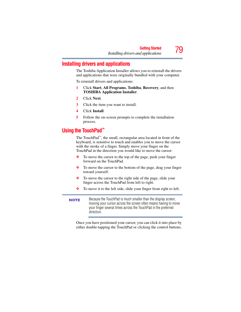 Installing drivers and applications, Using the touchpad | Toshiba SATELLITE M500 User Manual | Page 79 / 258