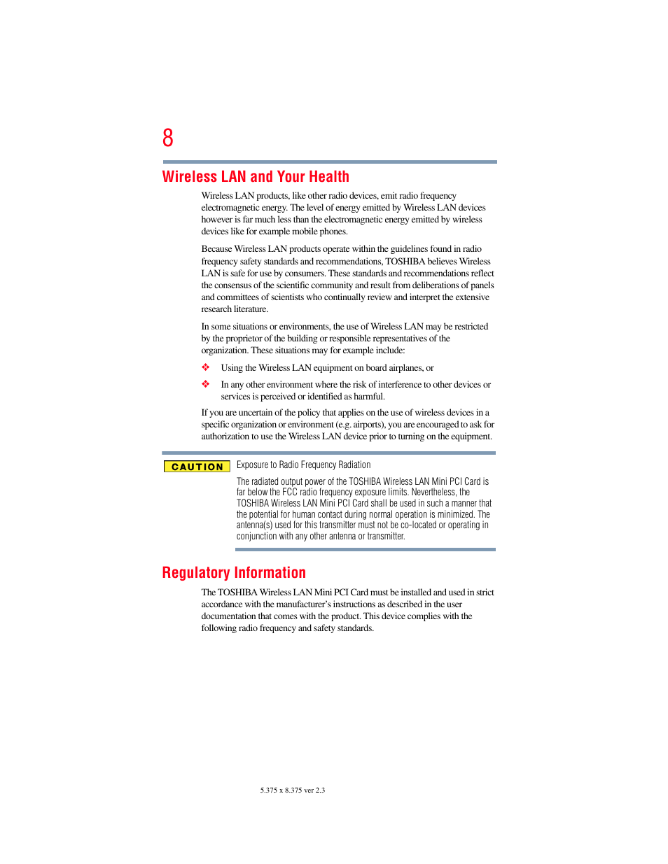 Wireless lan and your health, Regulatory information | Toshiba SATELLITE M500 User Manual | Page 8 / 258